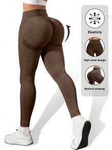 Seamless High-Elasticity Women's Sports Leggings,Women Tuck In The Abdomen Leggings,Lift The Buttocks And Slim The Legs Leggings,Soft Touch Quick Dry Breathable Four-Way Stretch Hip Lift Leggings For Women - 棕色 - 查看 1