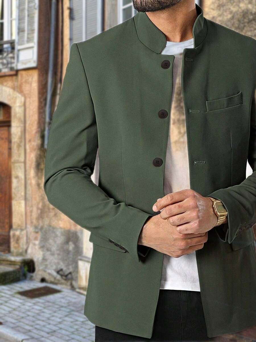 Mens Casual Suit Blazer Jackets Stand Mandarin Collar Lightweight Lined Sport Coats Business Coats - 墨綠色 - 查看 1