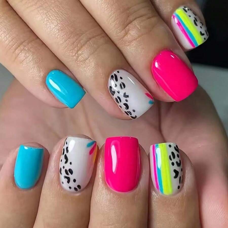 Short Press On Nails Square Fake Nails Blue Rose Red False Nails With Black Leopard Print Design Glue On Nails Colored Lined Stick On Nails Glossy Full Cover Acrylic Nails For Women Manicure 24Pcs - 藍色 紅色 - 查看 1