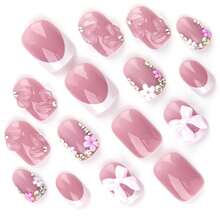 Pink Press On Short Square Fake Nails With 3D Bow Charms Design - Flower False Glue On Cute Acrylic Rhinestone Glossy Full Cover Stick On For Women Manicure - 24Pcs - Dark Pink - View 2