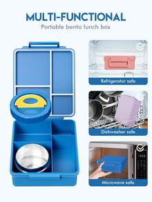 Meoky Bento Lunch Box With 9oz Soup Thermo, Leakproof Lunch Food Containers With 4 Compartment, Thermo Insulated Hot Food Jar For School, Office, Travel, And Picnics - 藍色 - 查看 5