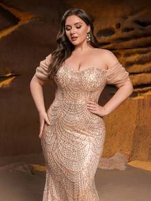 Elisanya Elegante vestido de gala de sirena con cuentas impactante con mangas voluminosas con hombros descubiertos - Bordado tipo escamas y dobladillo de cola de pez para eventos de gala, fiestas de etiqueta y glamour de celebridades