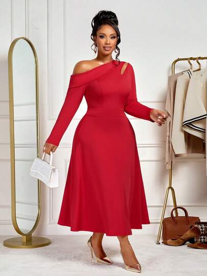 BIUBIU Women's Plus Size Long Sleeved Slanted Shoulder Long Sleeved Hollow A-List Long Dress, Casual, Elegant, Simple Spring And Autumn Women's Clothing, Autumn Women's Clothing, Winter Women's Clothing, Back To School Clothing, Thanksgiving Women's Clothing, Back To School Clothing, Teacher's Clothing