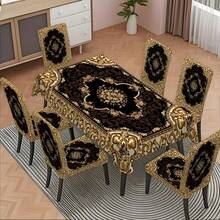 4/6/5/7 Pcs Black & Gold Patterned Tablecloth & Chair Cover Set, 4 Pcs (4 Chair Covers), 6 Pcs (6 Chair Covers), 5 Pcs (1 Tablecloth + 4 Chair Covers), 7 Pcs (1 Tablecloth + 6 Chair Covers), Suitable For Indoor/Outdoor, Home Gatherings, Holiday Table & Chair Decor, Reusable - Multicolor - View 4