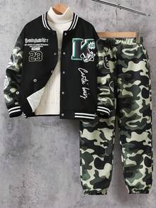 Sudadera acanalada con estampado de camuflaje y pantalones de camuflaje con cordón para niños, ropa casual para exteriores en otoño/invierno