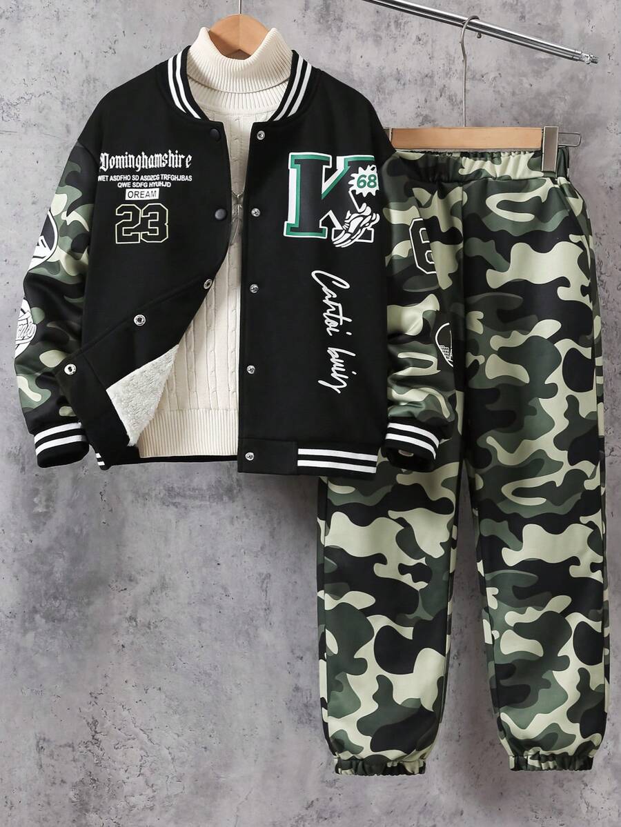 Sudadera acanalada con estampado de camuflaje y pantalones de camuflaje con cordón para niños, ropa casual para exteriores en otoño/invierno