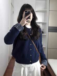 Navy Blue Round Neck Loose Patchwork Plaid Sleeve Cardigan For Women, College Style, Autumn/Winter