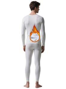 A 2-Piece Men's Winter Fleece Warm Tight Round-Neck Long-Sleeved Top And Thick Fleece Lining Warm Pants Set - White - View 3