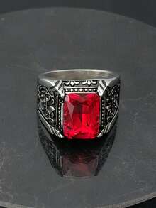 1枚欧美流行手工高品质男士316不锈钢红石戒指 - 紅色 - 查看 6