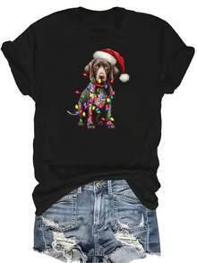 Camiseta de Perro Pointer de Pelo Corto Alemán para Mujer Unisex, Casual de Verano, Transpirable, de Cuello Redondo y Manga Corta, Estilo Urbano Versátil, Adecuada para Adolescentes y Adultos - Negro - Ver 1