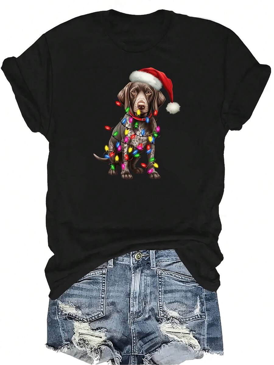 Camiseta de Perro Pointer de Pelo Corto Alemán para Mujer Unisex, Casual de Verano, Transpirable, de Cuello Redondo y Manga Corta, Estilo Urbano Versátil, Adecuada para Adolescentes y Adultos - Negro - Ver 1