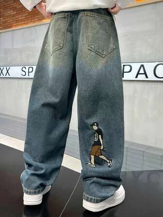 Boys' Straight Wide-Leg Jeans, Fashion Casual Pants For Tween Boy