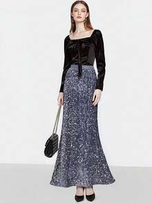 天鹅绒亮片美人鱼裙，女式修身亮片长裙，秋冬 - 灰色 - 查看 2