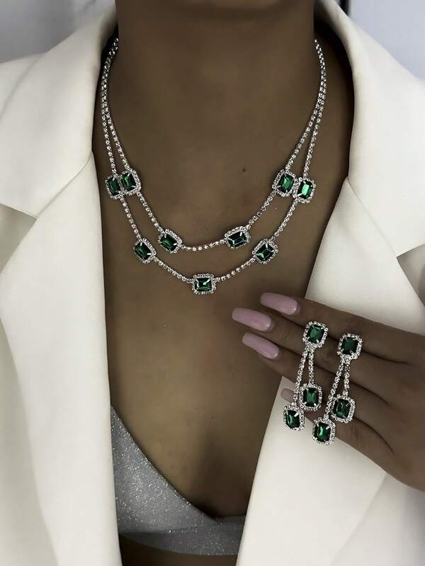 New Arrival Hot Selling Colorful Double-Layer Crystal Necklace & Earrings Set, Bridal Accessories, Party & Evening Fashion Rhinestone Jewelry Set