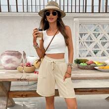 Women's Bermuda Long Shorts Summer 8'' High Waisted Casual Short Elastic Drawstring Pull On Short With PocketA Valentine's Day AROE - 黑色 - 查看 4