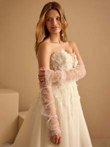 1 Pair Handmade Pearl & Rhinestone Mesh Bridal Gloves, Long Sleeve Wedding Party Dress Accessories Fall Clothes For Women