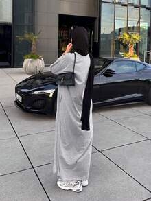 1pc Solid Color Casual Loose Fit Dropped Shoulder Mid-Sleeve Maxi Dress, Suitable For Urban Strolling, Spring/Autumn