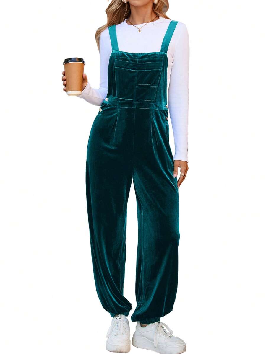 Women's Velvet Overall Jumpsuit Casual Loose Fit Overalls Adjustable Straps Dressy Romper Fall Outfits - màu xanh mòng két - Xem 1