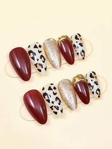 24 件秋冬豹纹美甲 3D 凝胶美甲适合女士和女孩的派对、舞会和日常佩戴，可拆卸和重复使用 - 彩色 - 查看 2
