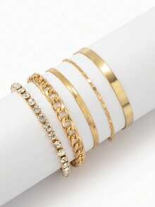 5 件/套复古简约铜质手工多层几何水晶吊饰手链套装适合女孩 - 均碼 - 查看 11