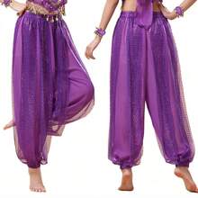 1pcWomen Adult Dance Costume Sequin Loose Pants Belly Dance Highlight Chiffon Bloomers Stage Performance Dance Practice Pants With Waist Chain Hip Scarf - Multicolor - View 12