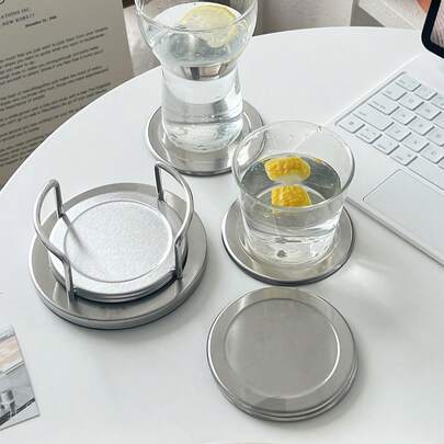 <Compact, Chic, And Silver Sleek>, 1set/7pcs Vintage Stainless Steel Coasters, Includes Coaster Holder & 6 Coasters