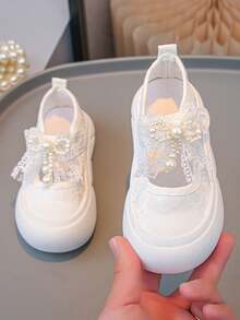 1 Pair Girls' Pearl Bow Hook And Loop Canvas Sneakers, Princess Style, Suitable For School, Spring/Autumn, Everyday Wear