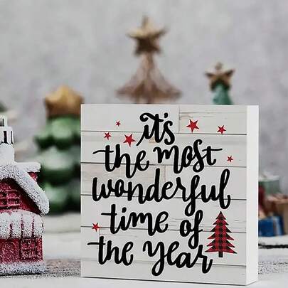 1 Piece Christmas - 10*10*1.6cm Christmas Element Pattern & "It'S The Most Wonderful Time Of The Year" Square Pvc Decoration Ornaments, Suitable For Home, Christmas Desktop Centerpiece Decoration, Christmas Gifts