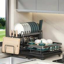 Dish Drying Rack, Dish Racks For The Kitchen Worktop, Adjustable Two-Tier Dish Rack With Draining Board And Cutlery Holder - màu đen - Xem 10