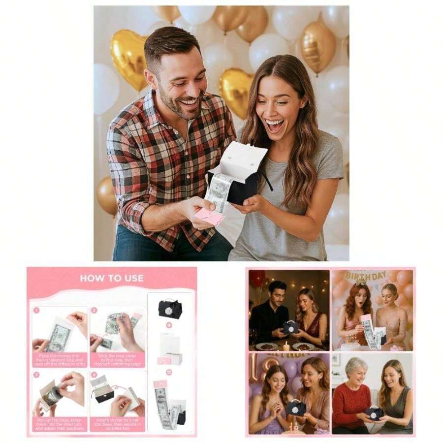 Money Pull Box Cash, Surprise Box Handbags With 30 Pcs Transparent Bags Party Birthday - Black - View 1