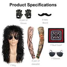 8 Piezas Disfraz de Rockero de los 70s 80s Peluca de Heavy Metal Hombre Mujer Peluca Hippie con Gafas Guantes Punk Mangas de Tatuaje para Accesorios de Fiesta Punk de los 80s, Peluca Larga, Gafas, Barba, Pañuelo, Guantes, Brazos con Flores, para Disfrazarse en Fiestas de Halloween - Multicolor - Ver 2