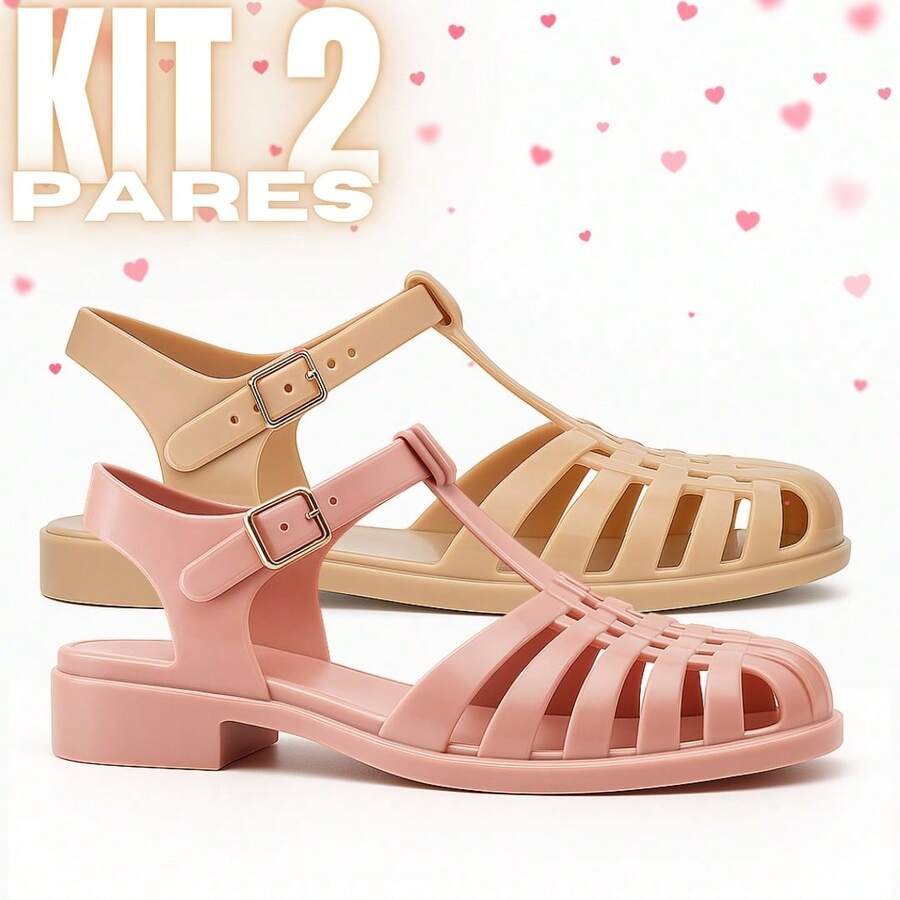 Kit 2 Pares Sandália Feminina Casual Confortável Aranha Macia e Leve - Possession - Nude + Rosa - Visão 1