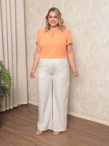 ONLYONE - PLUS SIZE WOMEN'S BLOUSE, SHORT SLEEVE, PRINCESS, PLEATES, LIGHT DUNES NECKLINE - ELEGANT WOMEN'S BLOUSES, LARGE - 鮭魚 - 查看 6