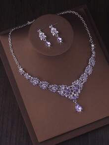 Luxury Purple Crown Pendant Necklace Earrings Bridal Jewelry Set For Women Wedding Dress Accessories