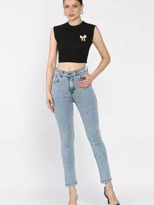 High Waist Women's Jeans, Contrast Button Zipper Pockets, Casual - Blue - View 4