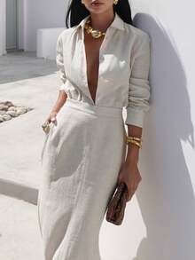 2 件套女士时尚休闲纽扣长袖上衣和全长裙子套装 - 塔灰色 - 查看 3