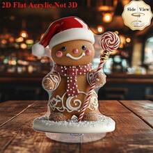Decorațiune acrilică rotativă 2D plată, 1 buc., turtă dulce de Crăciun purtând o pălărie de Moș Crăciun, modele de case și oameni de zăpadă acoperite de zăpadă, potrivită pentru Crăciun, Anul Nou - Ornamente calde pentru decorarea casei de iarnă - Multicolor - Vizualizare 5