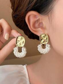 10 件/5 对可爱温柔的水钻花瓣仿珍珠泪珠心形耳钉，时尚百搭珠宝，适合日常通勤和礼物 - 金色-白色(5對) - 查看 3