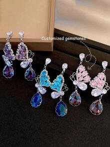 1 Pair Of Customizable Gemstone French Palace-Style Zirconia Butterfly Drop Earrings, Luxurious And High-End Style Stud Earrings For Halloween And Christmas, Fashionable And Exquisite Ear Accessories