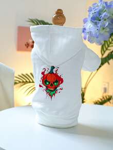 1pc Pet Clothes, Dog/Cat Apparel, New Hooded Sweatshirt, Halloween Series, Flame Skull Design, White