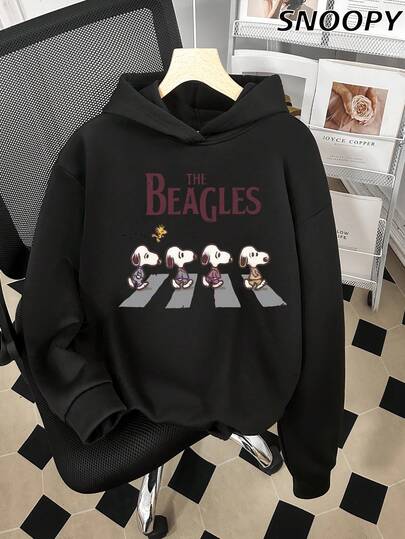 SNOOPY هوديي كاجوال للنساء "The Beagles" يمشون عبر ممر المشاة، متعدد الاستخدامات وملائم للجميع، خريف وشتاء