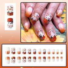 24 Pcs Fall Thanksgiving Orange Press On Nails Short Square - ZWENJIE Cute Glitter Fake Nails Press Ons Nail Art Tips With Autumn Leaves Lattice Design Full Cover Acrylic False Nails Glue On Nails Kit - 款式 J04 - 查看 2