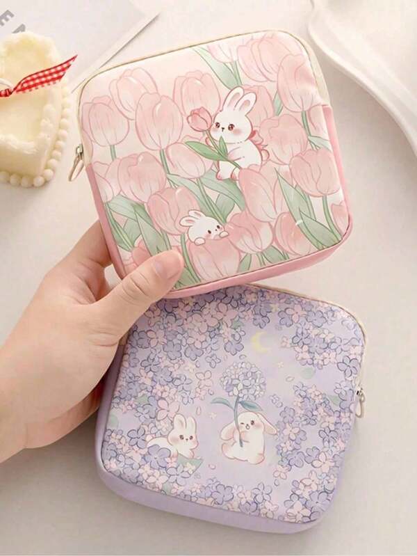 Bolsa de almacenamiento portátil de estilo casual, ligera y lavable, con gran capacidad, hecha de material PVC con patrón de pintura al óleo de dibujos animados, adecuada para guardar auriculares, cables, lápices labiales, toallas sanitarias y otros artículos de señoras