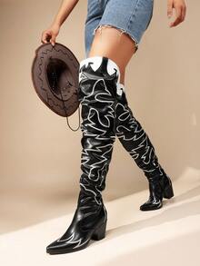 2025 Y2K New Autumn Women's Cowboy Riding Western Style Over-The-Knee Boots Fashionable Pointed Toe Chunky Heel Embroidery Outdoor Shoes - 黑色 - 查看 1