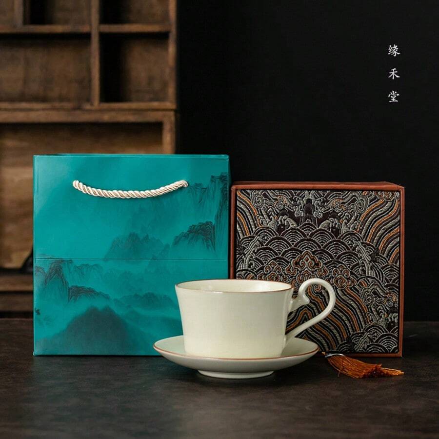 yuanhetang Juego de taza y platillo de café de cerámica de alta gama, taza de café de cerámica estilo nórdico Ru Kiln, taza de té de cerámica premium, caja de regalo para inauguración de casa, se puede imprimir logo, taza de alta gama