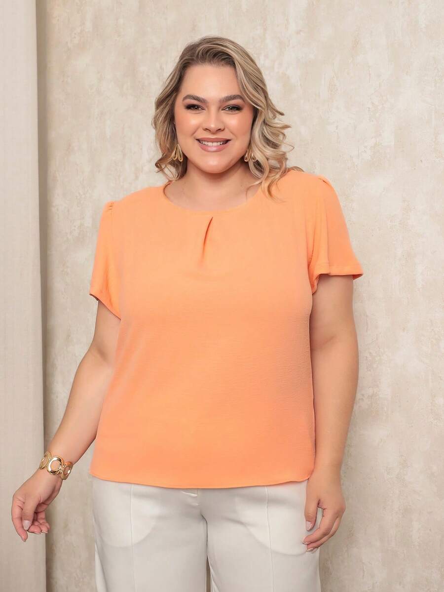 ONLYONE - PLUS SIZE WOMEN'S BLOUSE, SHORT SLEEVE, PRINCESS, PLEATES, LIGHT DUNES NECKLINE - ELEGANT WOMEN'S BLOUSES, LARGE - 鮭魚 - 查看 1