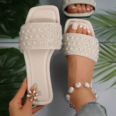 Sandalias planas con aplicaciones de rhinestones para mujer de talla grande, versátiles y casuales para uso en exteriores con suela antideslizante