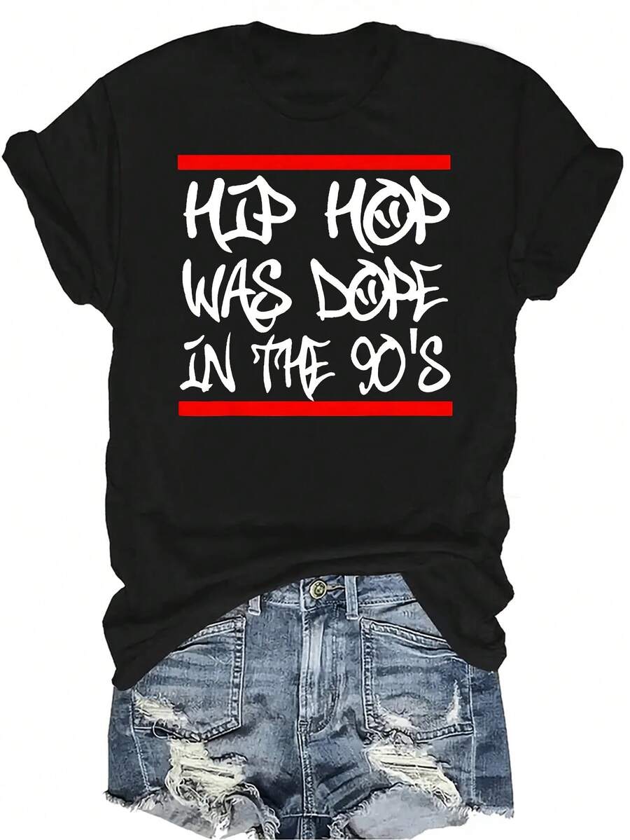 Camiseta de estilo hip-hop para mujer y unisex, de verano, casual, transpirable, con cuello redondo, manga corta, estilo callejero y versátil, adecuada para adolescentes y adultos - Negro - Ver 1