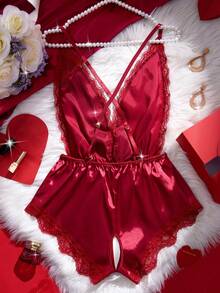 ROMWE Kawaii Bộ jumpsuit/váy ngủ gợi cảm mới, cổ chữ V sâu, viền ren, dây đeo mảnh có thể điều chỉnh, hở lưng, màu đỏ tía, thích hợp cho tiệc tùng. - Màu Đỏ Sâu - Xem 3