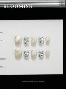 10 Pieces Of Handcrafted Press On Nails Short ,Cat's Eye Nails , Autumn Nails, Reusable Fake Nails